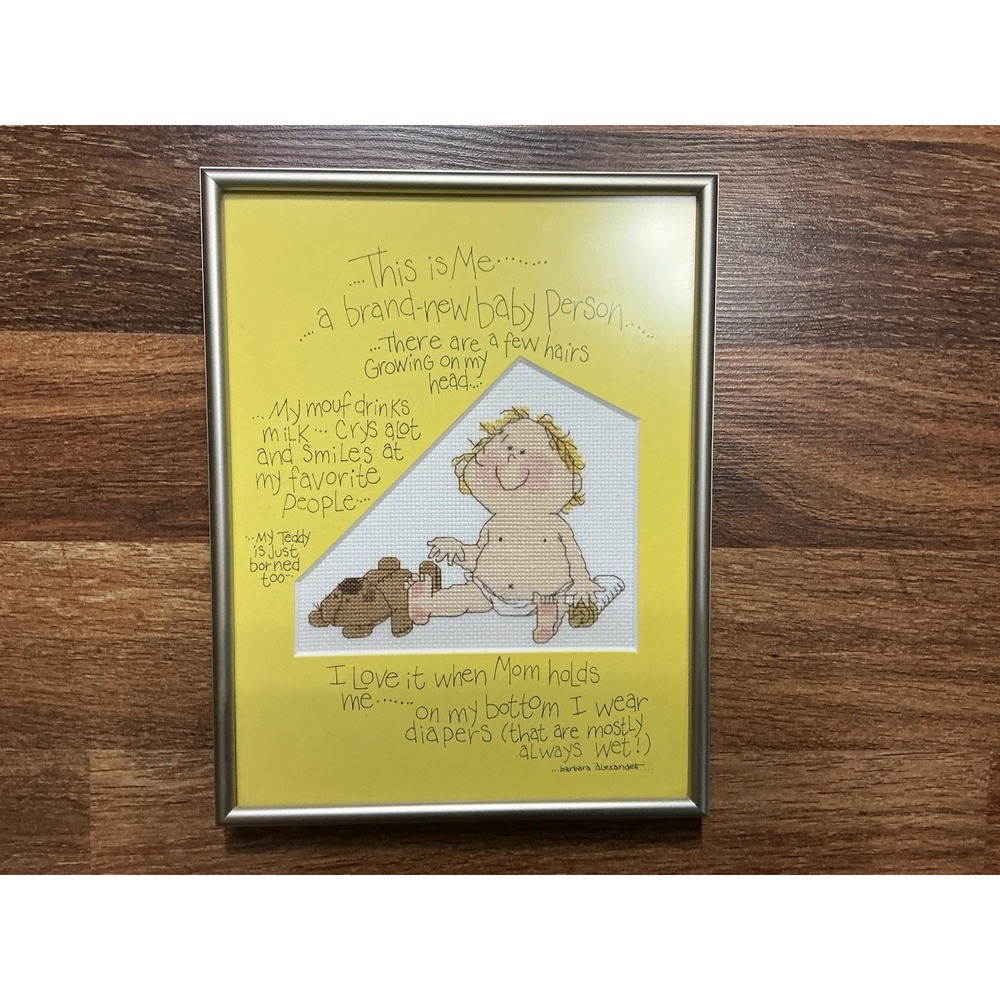 Adorable Babies Framed/Matted THIS IS ME NEW BABY Cross Stitch 11.5" X 8.5" X 1"
